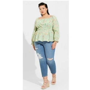 Torrid Blouse Plus Sz 4X Mint Green Cotton Clip Dot Blouson Sleeve Smocked Top - Picture 1 of 8