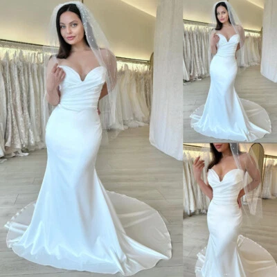 Elegantes Vestidos de Novia Sirena Sin Tirantes Blanco Satén Barrido Tren Vestidos de Novia Foto 1 de 4