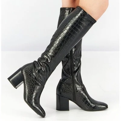NWT Franco Sarto Tribute Black Croc Faux Leather Knee High Boots WIDE Calf 8.5 M - Image 1 of 4
