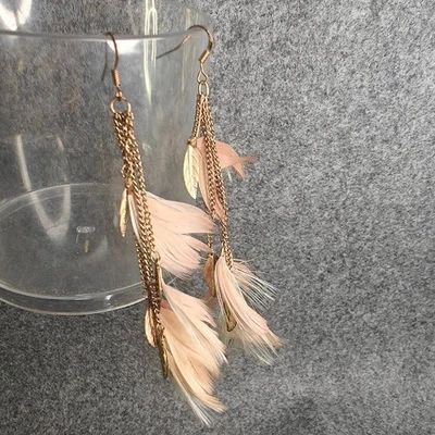 Pendientes de Plumas Para Mujer Medianos Rosa/Dorado Hoja Dije Cuelga Boho Hecho a Mano Estilo Foto 1 de 2