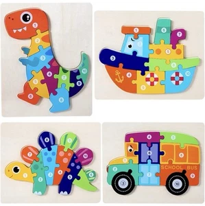 Wooden Puzzles Dinosaur Animals Jigsaws puzzle Toys for Kids 4 Pack Shape - Picture 1 of 7