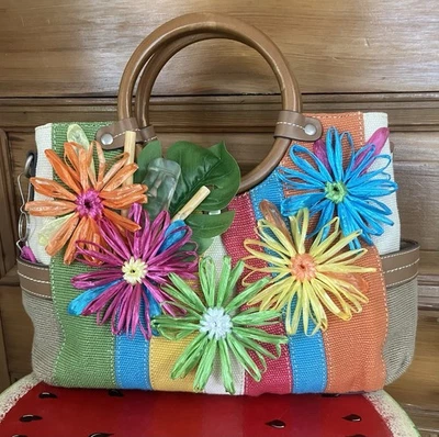 Relic Purse Upcycle Tropical Beach Tiki Theme With Raffia Flowers & Tiki Head - Image 1 of 4