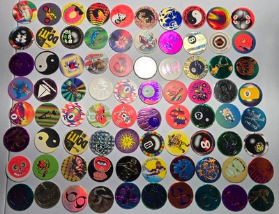 Vintage 90s Pogs Lot of 80 Milk Caps Foil Holographic 8-Ball Skulls w/ Tube - Image 1 of 4