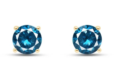 Pendiente de oro amarillo macizo de 10 quilates con tornillo de diamante real redondo azul de 1/4 quilate Foto 1 de 4