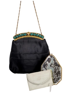 Black Satin Flapper purse, Green Stones, Mirror /Powder puff, Calling Card/Coin - Picture 1 of 18