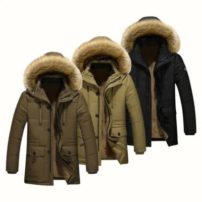 UK Winter Men Jacket Hooded Fur Collar Thick Parka Coat Velvet Lining Warm Coats - Image 1 of 4