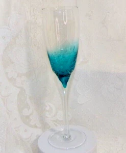 Blown Glass Champagne Flute/Glass Clear/Blue  Roscher & CO. Aqua Blue fuse glass - Picture 1 of 7