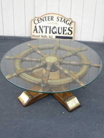 64176 Ships Wheel Coffee Table Stand with Glass Top Cover