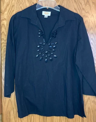 Túnica Talbots Mujer Negro Mezcla de Lino Cuentas Talla PL Popover Cuello en V 3/4 Slv Foto 1 de 4