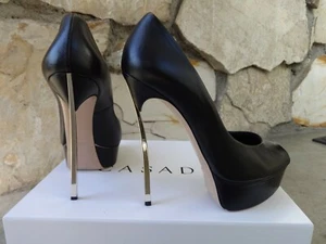 Casadei Skyhigh Stiletto Blade Black Leather Peep-Toe Platform Pumps EU size 8.5 - Picture 1 of 12