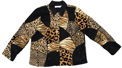 Chaqueta Vintage ANAGE XL Negra Estampado Animal Retazos Lentejuelas Cuentas Arte Boho Foto 1 de 4