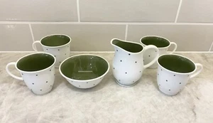Susie Cooper Bone China Demitasse Cups Creamer Sugar Olive Green Raise Polka Dot - Picture 1 of 8