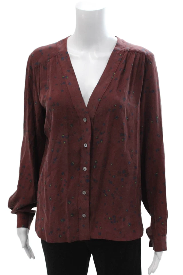 Blusa boho manga larga con botones cuello en V marrón seda Amour Vert para mujer talla XS Foto 1 de 4