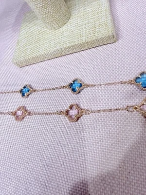 Fashion Pink Clear Blue Clover Crystal Charm Bracelets Set of 2 Adjustable Gold - Image 1 of 4