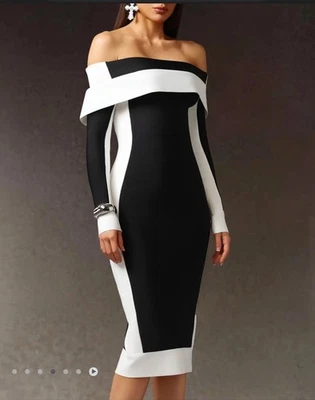 🩷Womens Large BANDAGE MIDI DRESS SCUBA BODYCON Black & White  Off-Shoulder  New - Image 1 of 4