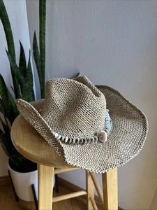 Cappello naturale TAN Pugs GEAR con conchiglie spiaggia vacanza tropicale western cowgirl - Foto 1 di 8