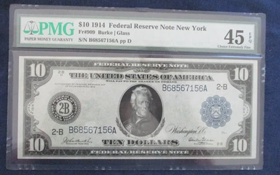 1914 $10 US Federal Reserve Banknote Burke/Glass Graded PMG 45 EPQ - Image 1 of 2