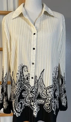 East 5 плиссированные пейсли блузка размер 0 X кремовый черный на пуговицах карьера вечеринки богемное - Изображение 1 из 4