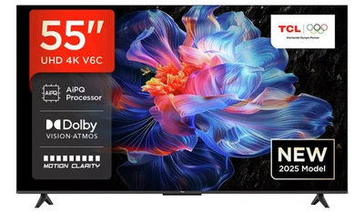 TCL 55 Inch 55V6C-UK Smart 4K UHD HDR LED TV Bluetooth WIFI HDMI YouTube USB - Image 1 of 4