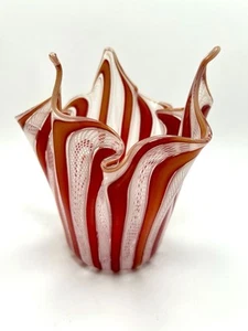Murano Handkerchief Latticino Art Glass Vase – 5” MCM Style – Red & White Italy - Picture 1 of 11