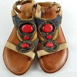 Coconuts by Matisse Women's Size 7 Beaded Leather Sandals 2" Heel Tan Red Blue - Picture 1 of 9