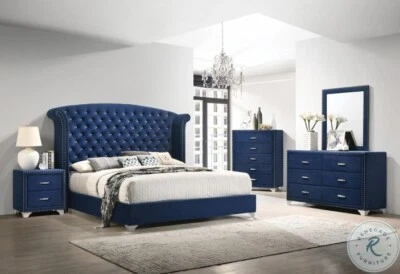Moderno Glam Juego de Dormitorio Queen 5 Piezas Cama Mesita de Noche Cómoda, Terciopelo Azul Foto 1 de 4