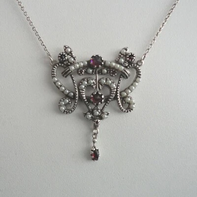 Jugendstil Kette Granat Granatschmuck Perle Collier Halskette Antik Silber 925/- - Bild 1 von 4