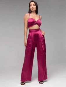 DREW By Anthropologie NWT Eva Wide Leg HW 90s Party Pants Baggy Satin In Berry M - Picture 1 of 7