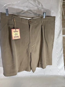 TOMMY BAHAMA 100% MENS SILK SHORTS CASINO DESK 40 ALMOND HERRINGBONE PLEATED - Picture 1 of 7