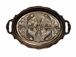 Retro Turkish Erzincanlilar Copper Serving Tray Platter Hand Engraved Grannycore - Picture 1 of 19