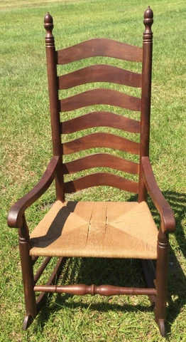 Vintage Antique Ladder Back Rocking Chair with Rush Seat- Unusual 7 Slate Back Cover