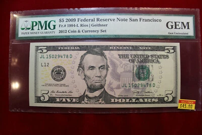2009 $5 FEDERAL RESERVE NOTE, 2012 COIN AND CURRENCY SET NOTE, PMG GEM UNC. - Image 1 of 4