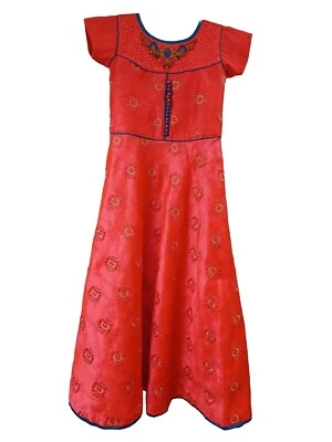 Girls Pakistani Indian Party Wear Dress Coral Red Blue Gold Sz 28  - Image 1 of 4