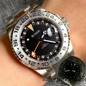 BLIGER 40mm 43mm GMT Automatic Watch Men Orange Index Luminous Brushed Strap - Picture 1 of 20