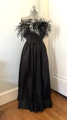 Vintage 1970's Albert Capraro Strapless Taffeta Dress with Marabou - Image 1 of 4