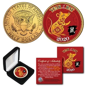 2020 Chinese New YEAR OF THE RAT 24K Gold Plated JFK Half Dollar Coin with BOX - Picture 1 of 3