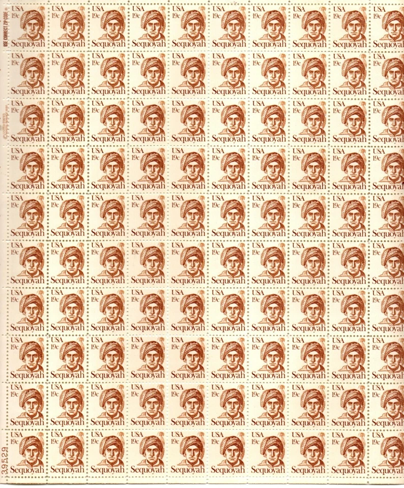 Scott's #1859  19 cent Sequoyah Full sheet of 100, Mint NH - Image 1 of 1