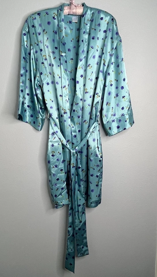 August Silk Floral Robe Women's  3/4 Sleeves Open Front Size L - Image 1 of 4