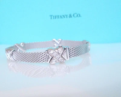 Tiffany & Co 18ct White Gold Heavy Brilliant Cut Diamond Mesh Cross Bracelet - Image 1 of 4