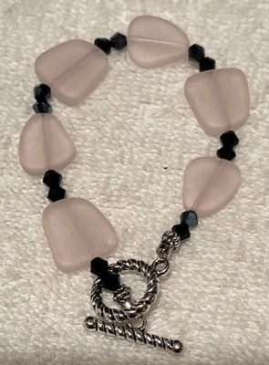 Blossom Pink Beach-style Glass W/ black bicones Bracelet NEW Handmade - Image 1 of 2