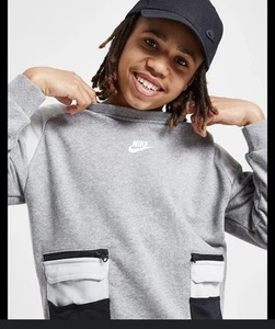 NWT Nike Cargo Pocket French Terry Pullover Crewneck Sweatshirt Gray Boys S New - Picture 1 of 5