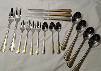 TD Home Germany SS 18/10 Flatware Set Of 16 Silver/gold Tones Etched Flowers Vtg - Image 1 of 4