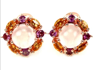 Earrings Rose Quartz Citrine & Rhodolite Garnet Sterling Silver Gold Plated new - Picture 1 of 5