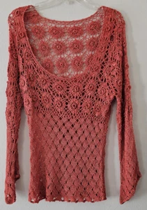 Women's Hand Knit Crochet Top Cover Up Floral Burnt Orange Boho ¾ Sleeve Stretch - Picture 1 of 9