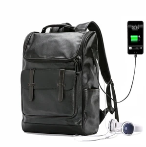 Mens Leather Travel Backpack Laptop School Satchel Shoulder Bag USB Charge AU - Picture 1 of 12