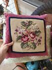 Vintage Needlepoint Petit Point Roses Floral Pillow  14 x 14 Shabby Chic Cottage