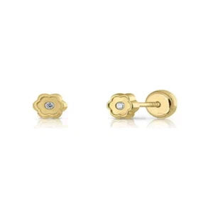 14K Pure Yellow Gold Flower w/cz Stud Earring - Picture 1 of 2