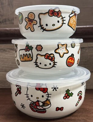 Hello Kitty Tema Navidad Contenedor de Alimentos Cerámica y Plástico Tapa Juego de 3 - NUEVO Foto 1 de 4