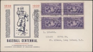 U.S., 1939. Baseball Centennial First Day 855 block, Wooley Cachet - Picture 1 of 1