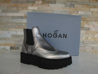 Hogan Tg. 36,5 Chelsea Plateau Stivaletti Babbuccie Argento Nuovo Origin. - Immagine 1 di 4